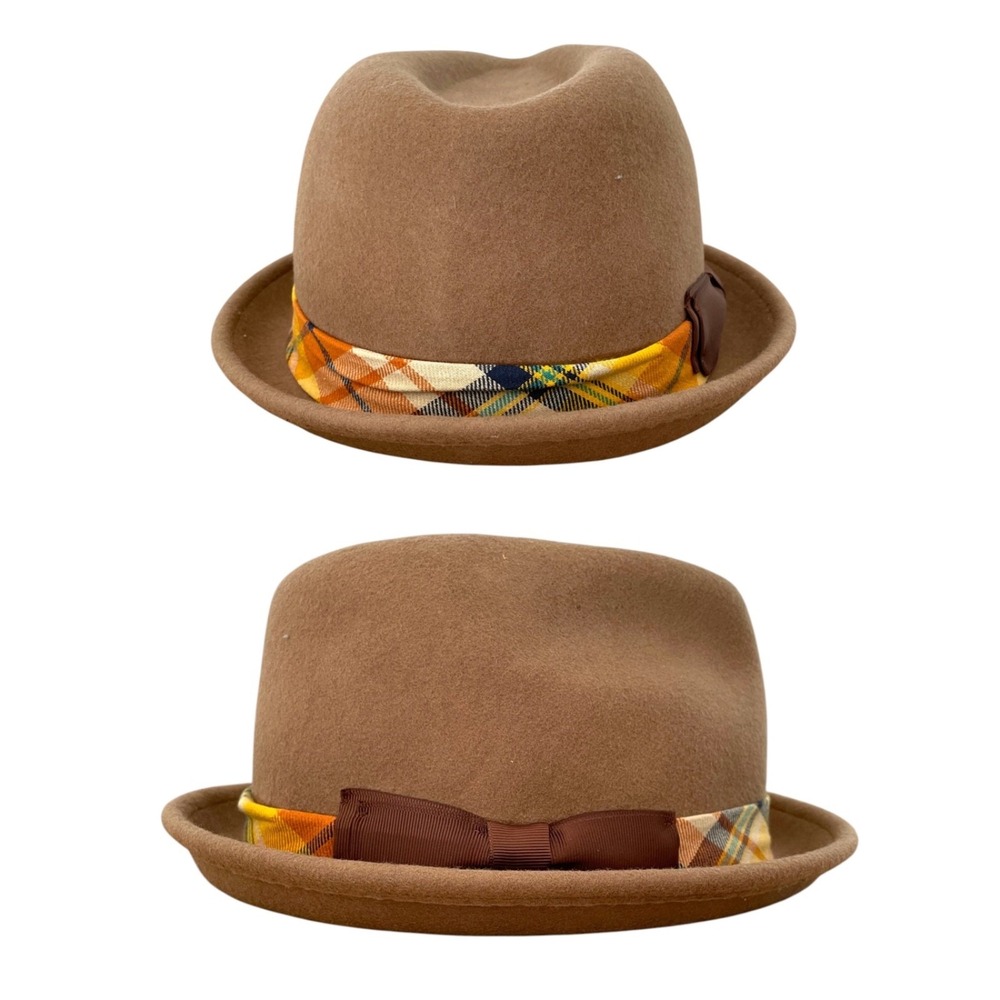 Adora Women's Medium Brown Pork Pie Wool Felt Hat Plaid Band Bow CLEAN!
